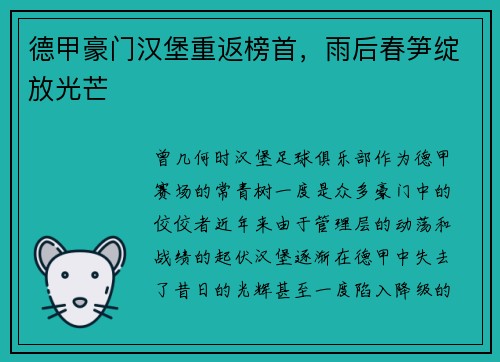 德甲豪门汉堡重返榜首，雨后春笋绽放光芒