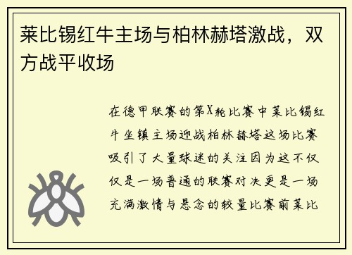 莱比锡红牛主场与柏林赫塔激战，双方战平收场